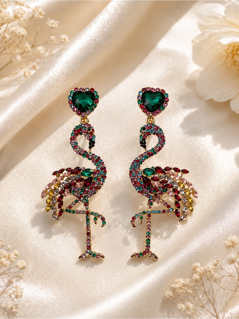 Multicolor Crystal Flamingo Drop Earrings - Sparkling Green Accent